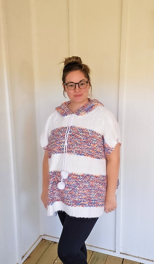 Wide Strip Poncho with Side Slits and Hoodie