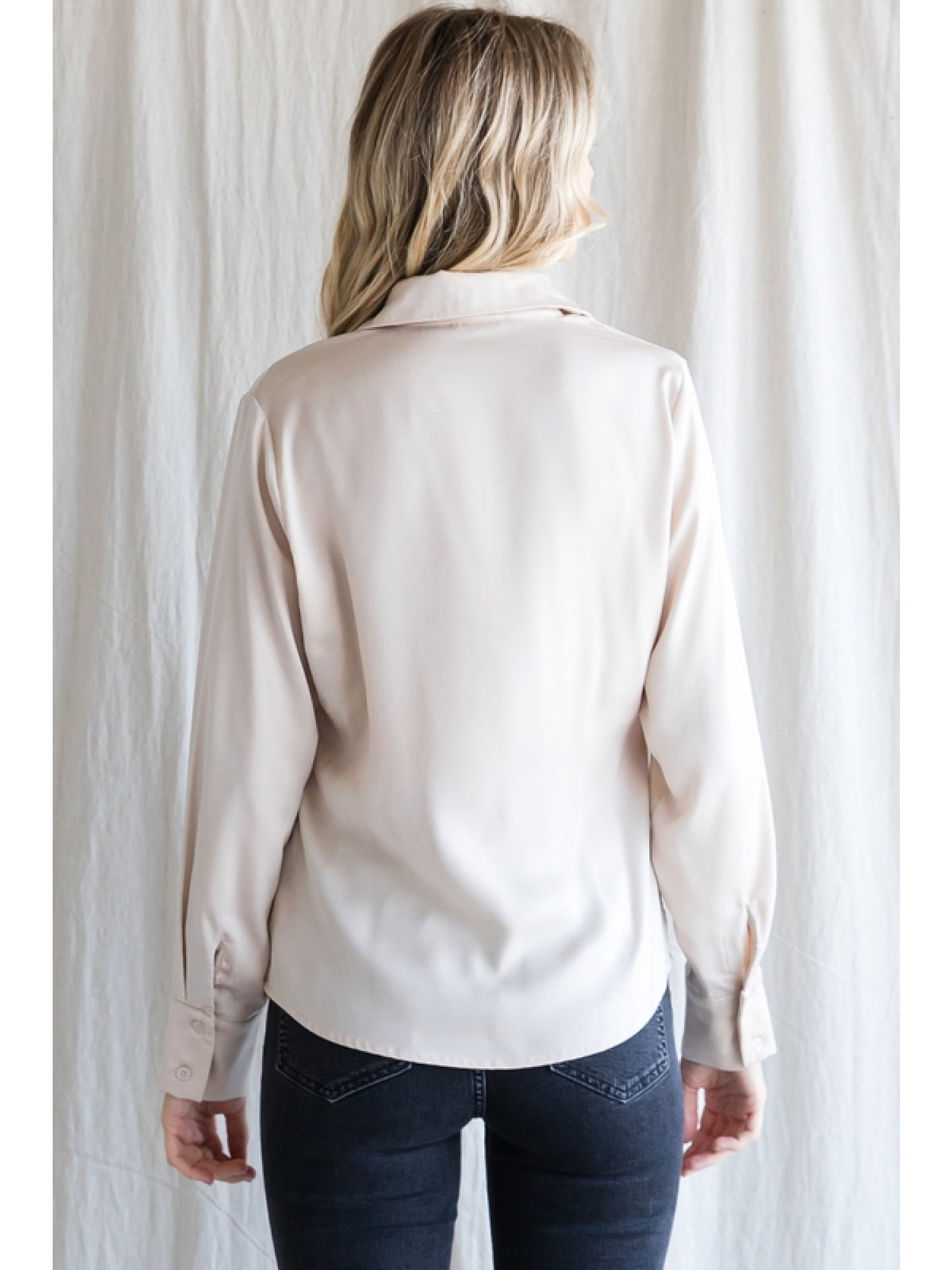 Champagne Button-Up, V-Neck Top