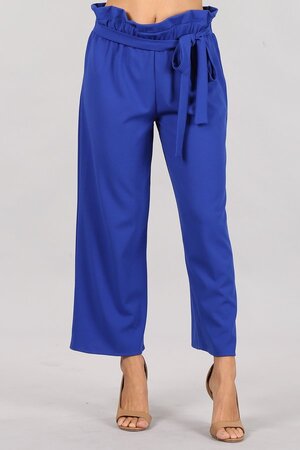 Solid Royal Blue Paper Bag Pants With Wide Legs