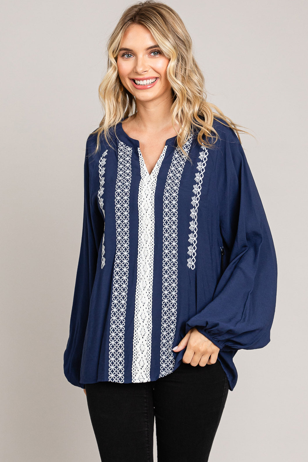 Embroidery Detailed Front Pullover Top