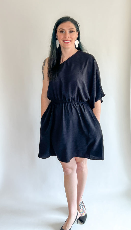 Women's Solid Black One Shoulder Dress