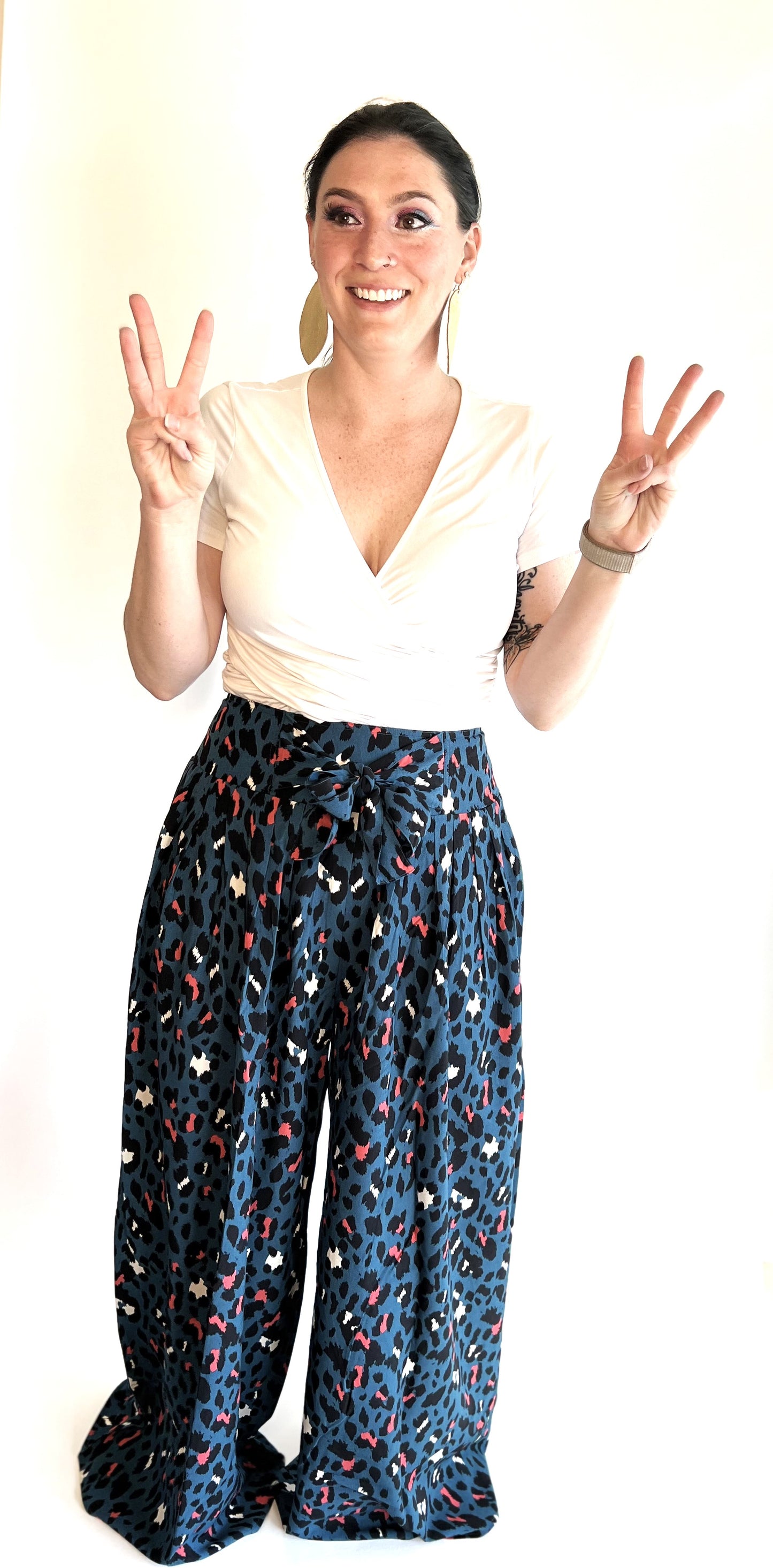 Wide-Leg Blue and Pink Cheetah Print Pants