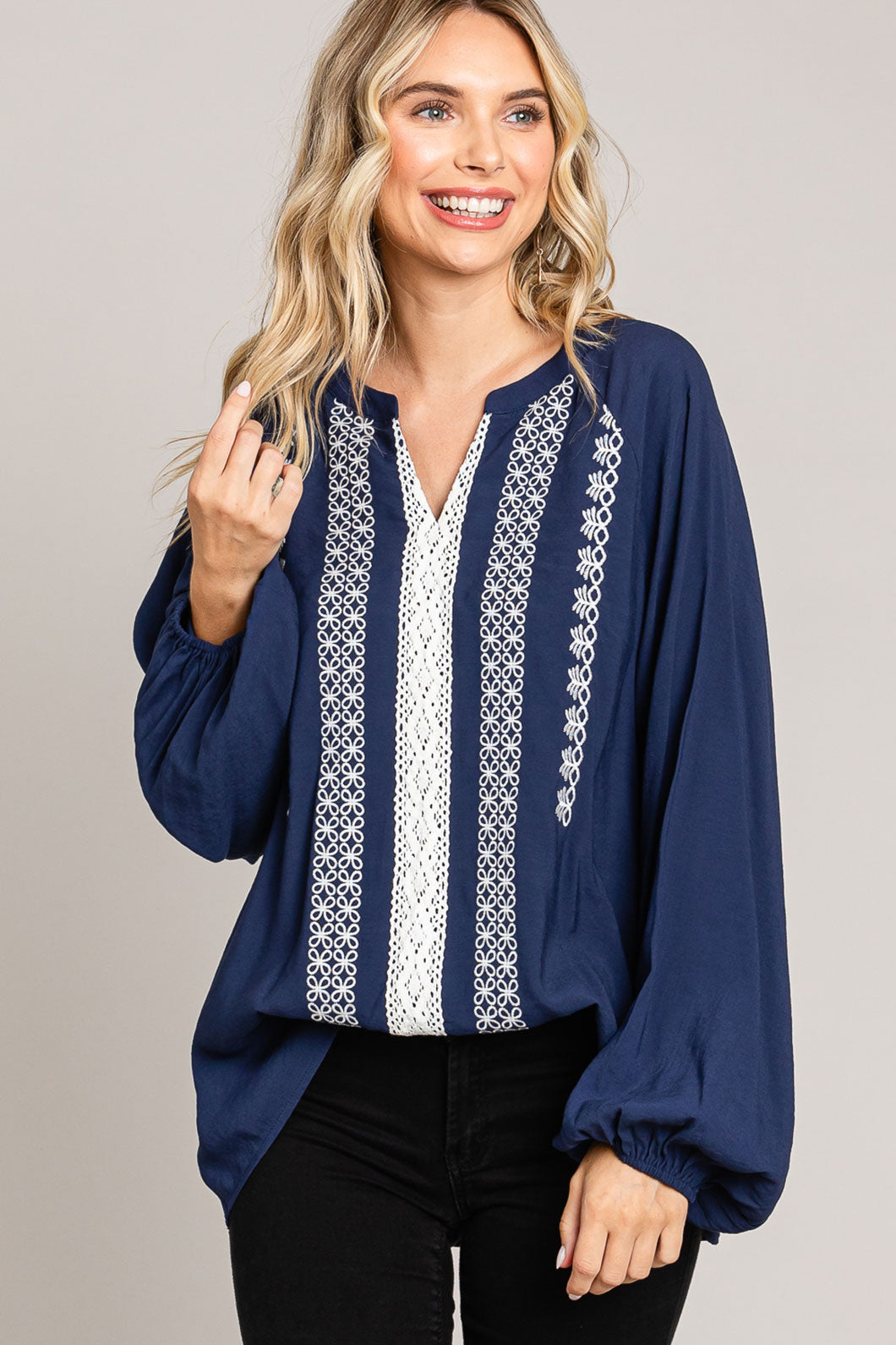 Embroidery Detailed Front Pullover Top