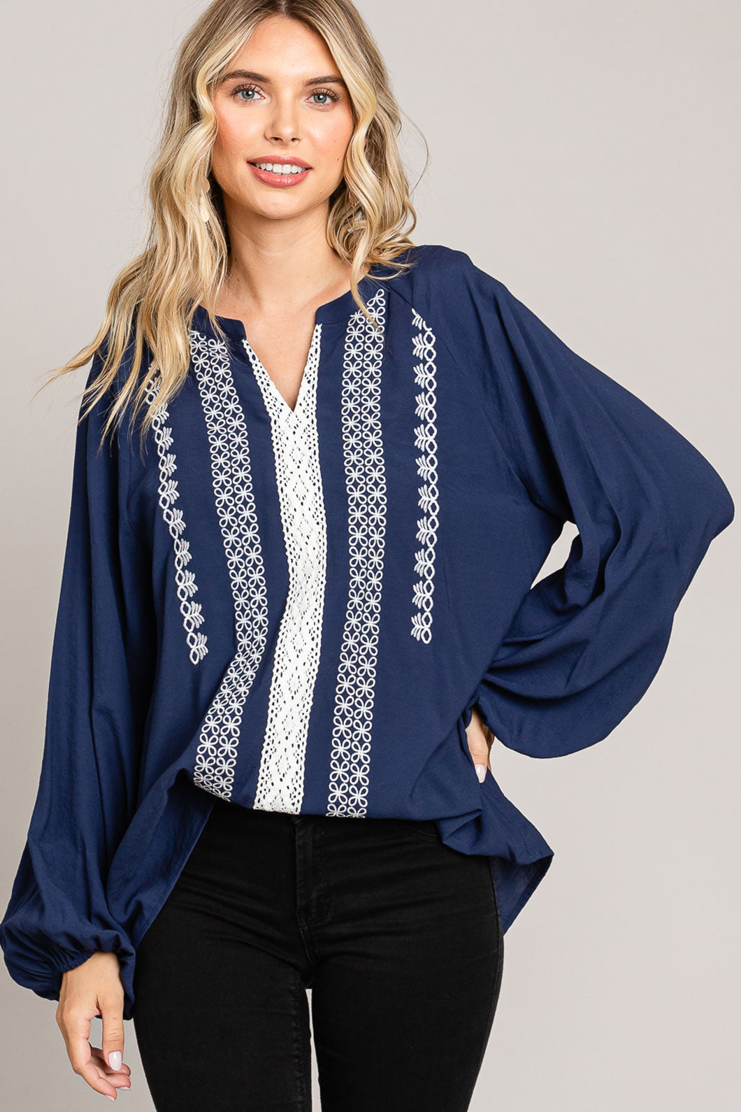 Embroidery Detailed Front Pullover Top