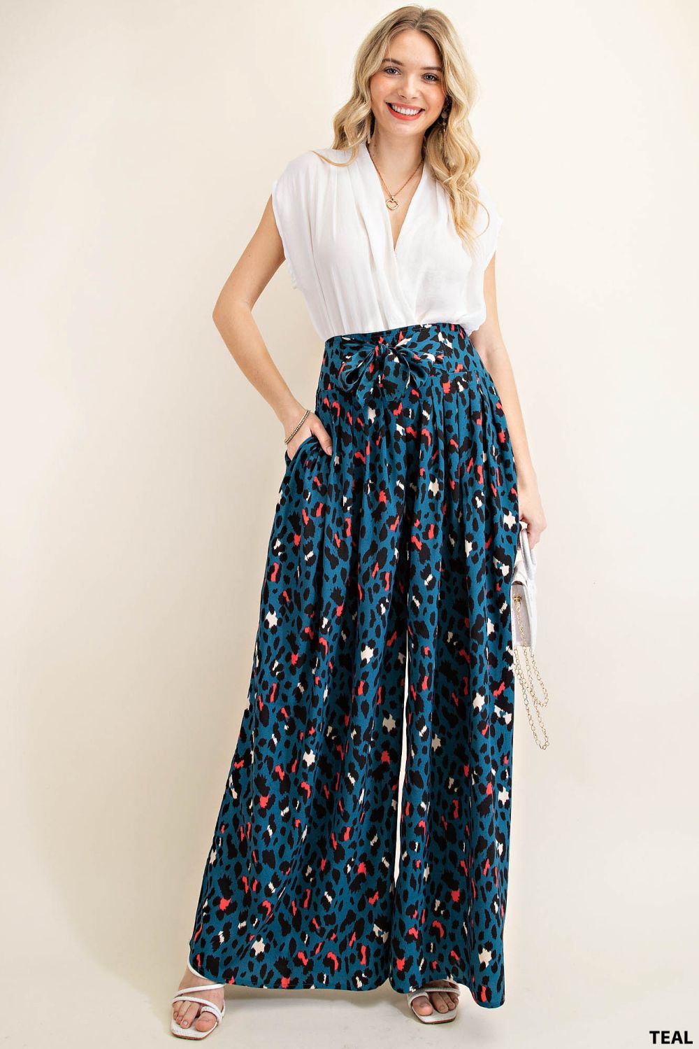 Wide-Leg Blue and Pink Cheetah Print Pants