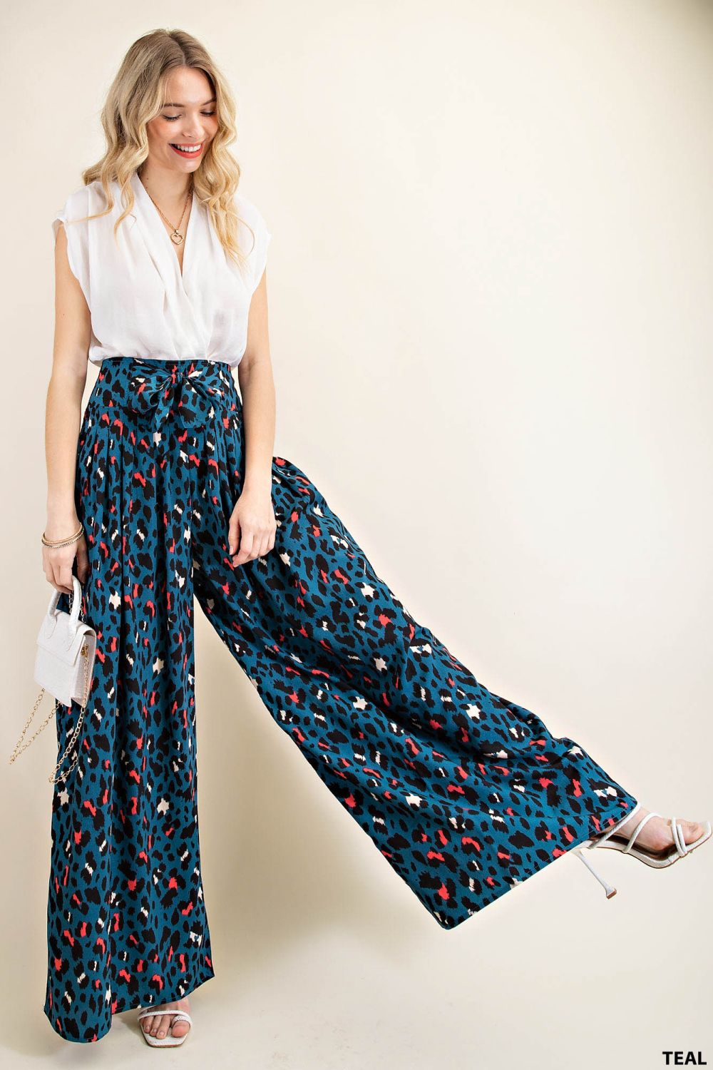 Wide-Leg Blue and Pink Cheetah Print Pants