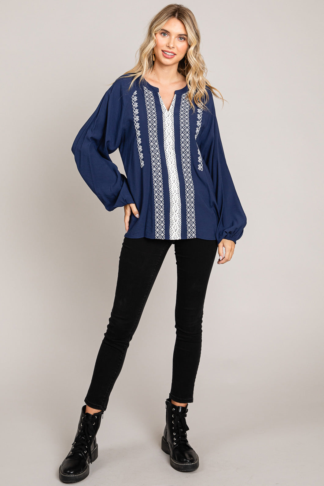 Embroidery Detailed Front Pullover Top