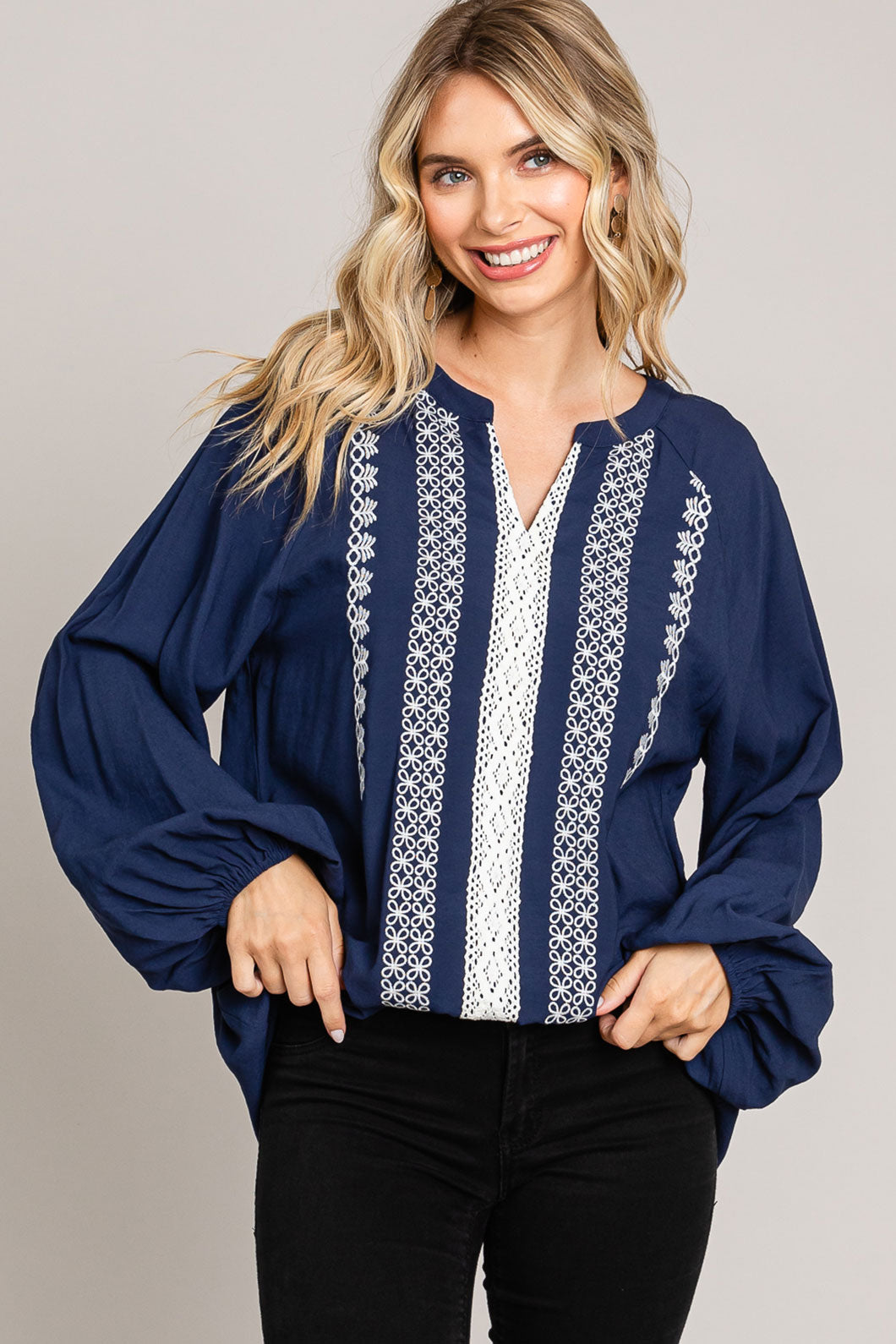 Embroidery Detailed Front Pullover Top
