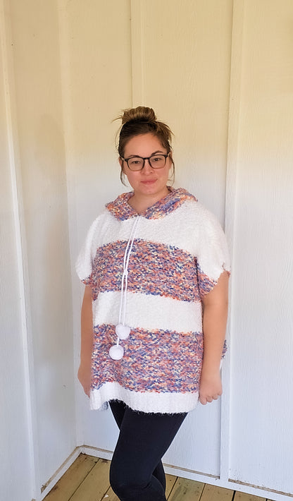 Wide Strip Poncho with Side Slits and Hoodie