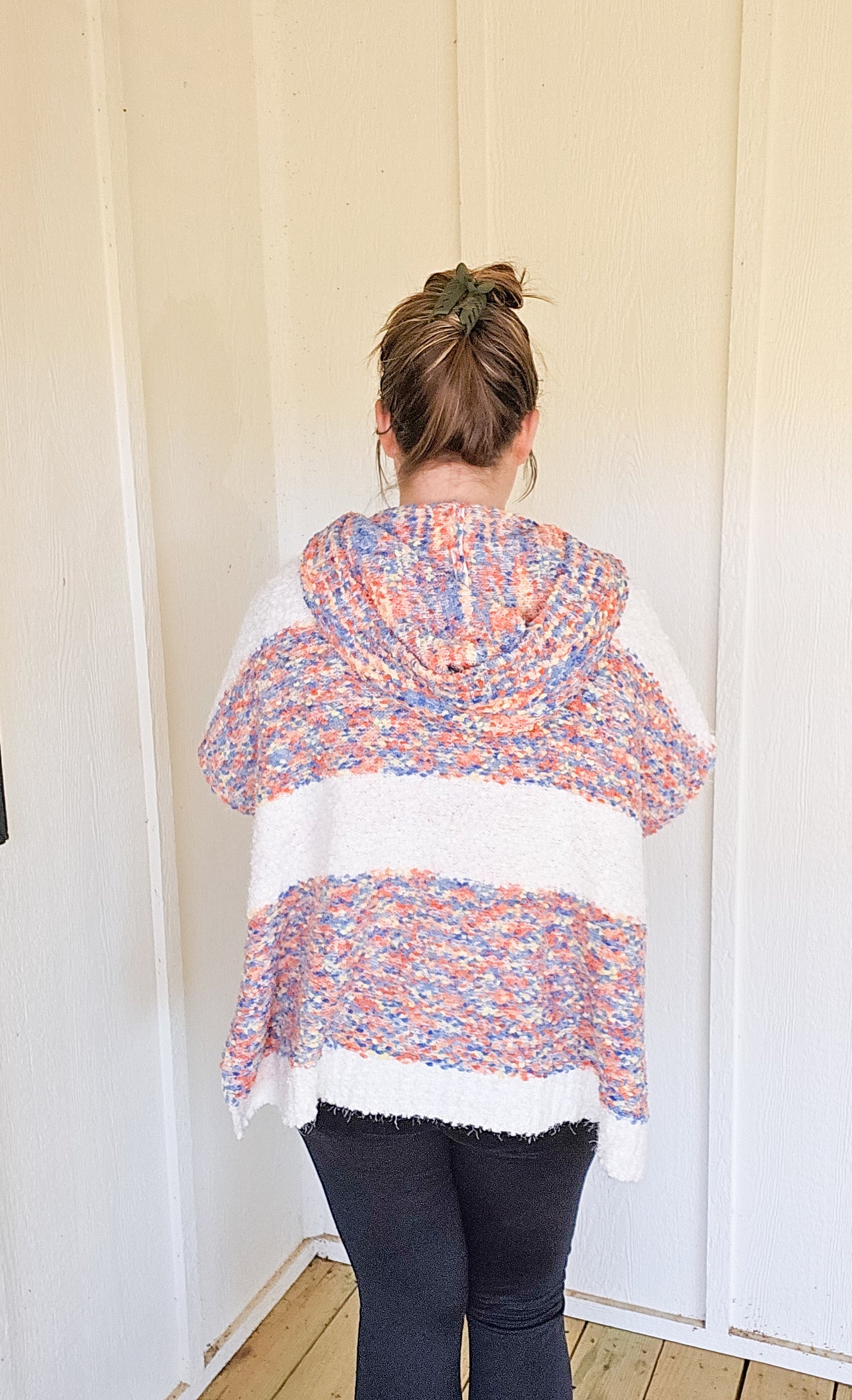 Wide Strip Poncho with Side Slits and Hoodie