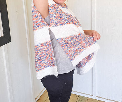 Wide Strip Poncho with Side Slits and Hoodie