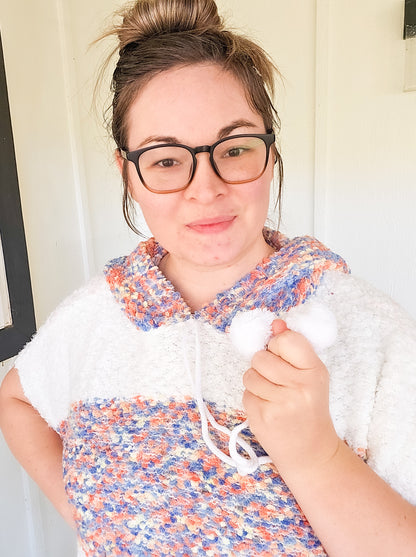 Wide Strip Poncho with Side Slits and Hoodie