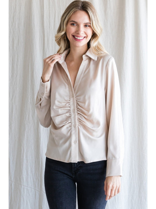 Champagne Button-Up, V-Neck Top