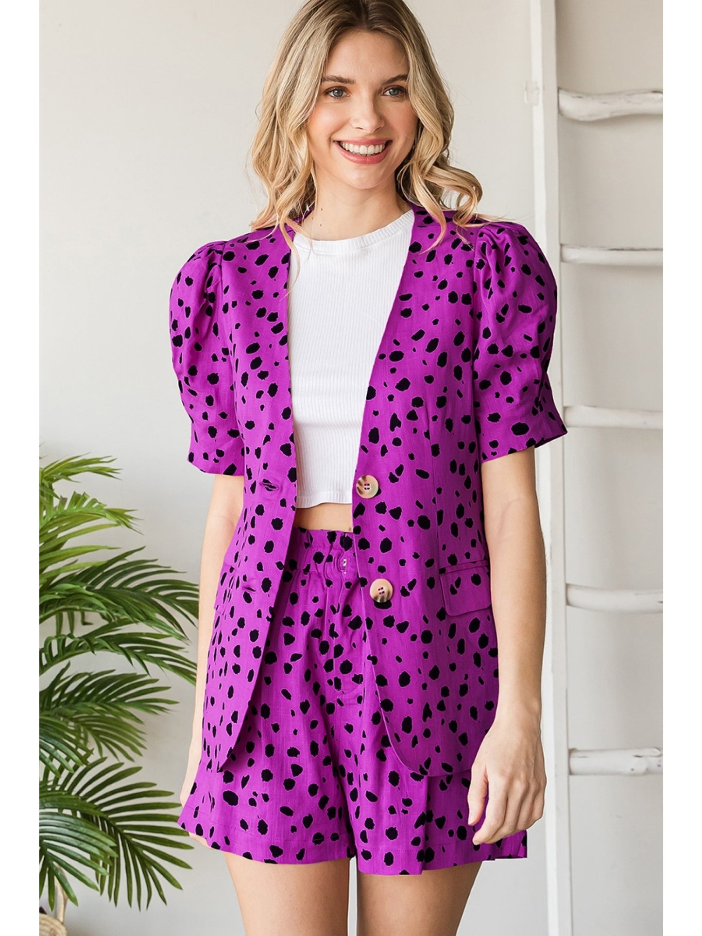 Magenta Spotted Print Jacket with Puff Short Sleeves
