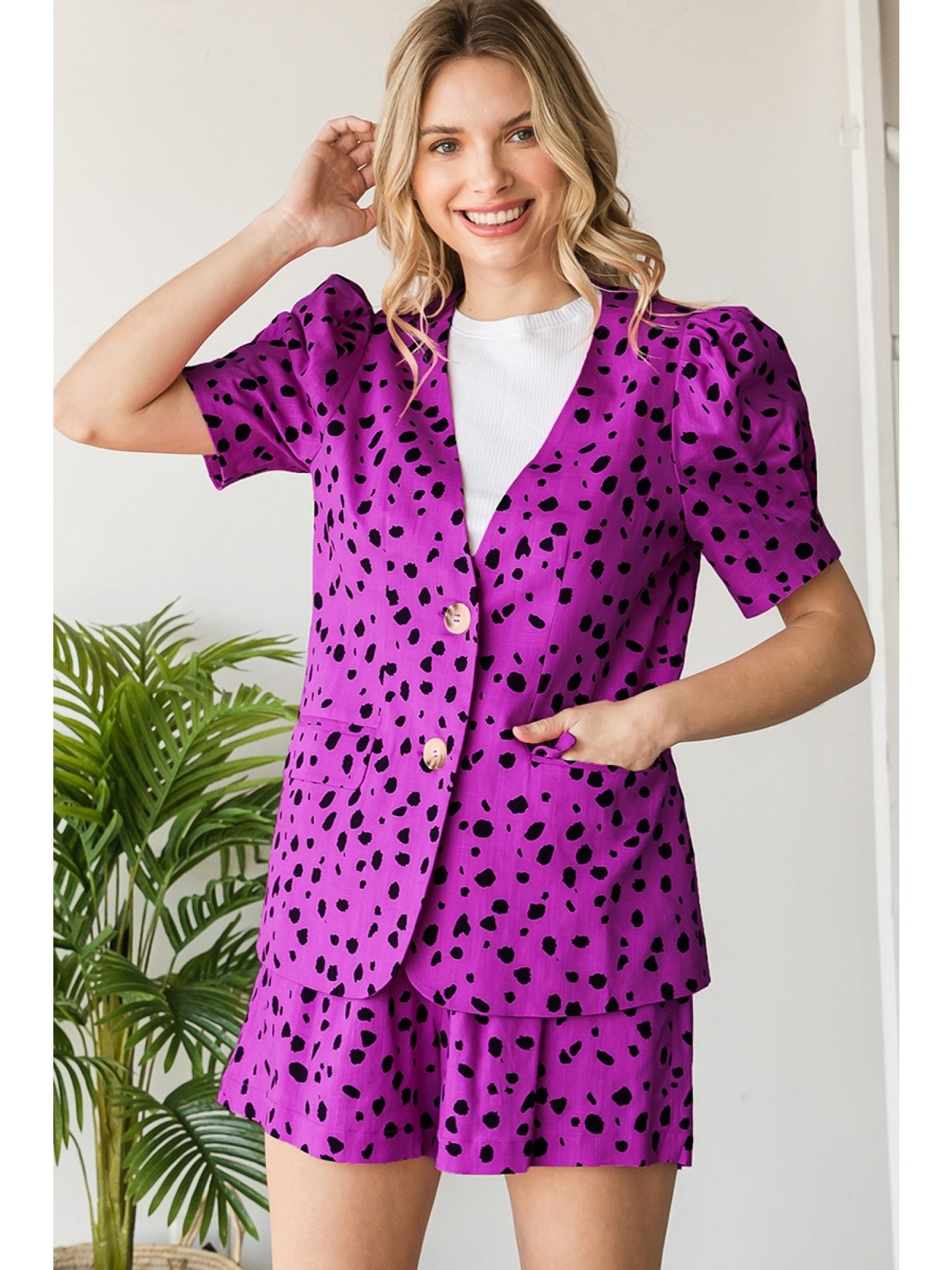 Magenta Spotted Print Jacket with Puff Short Sleeves