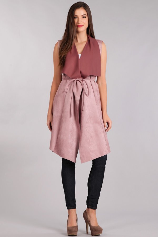 Mauve Two Tone Knee Length Blazer Style Vest In Faux Suede