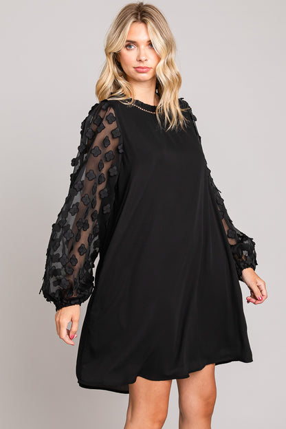 Applique Contrast Sleeve Detailed Shift Dress - Black