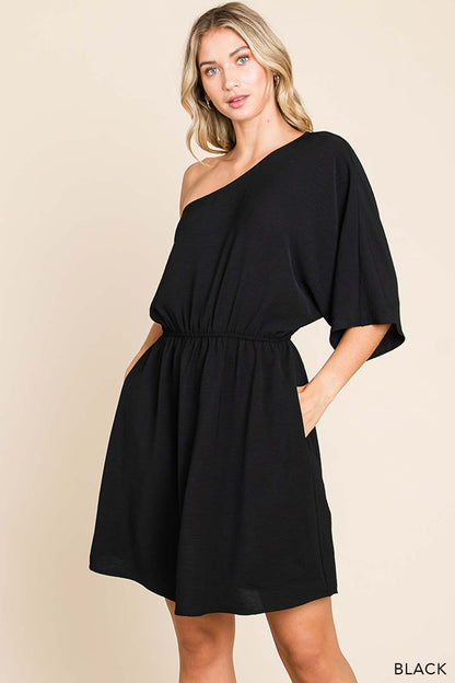 Women's Solid Black One Shoulder Dress