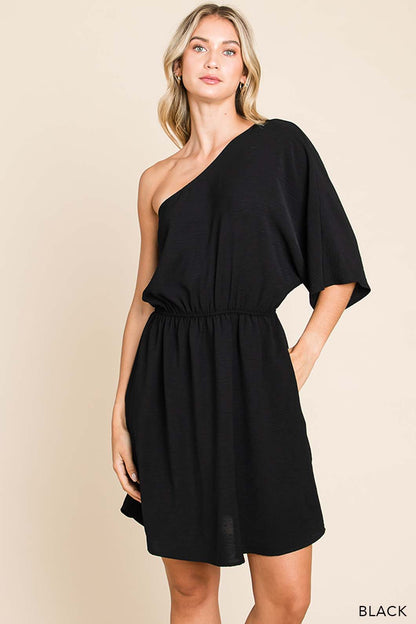 Women's Solid Black One Shoulder Dress
