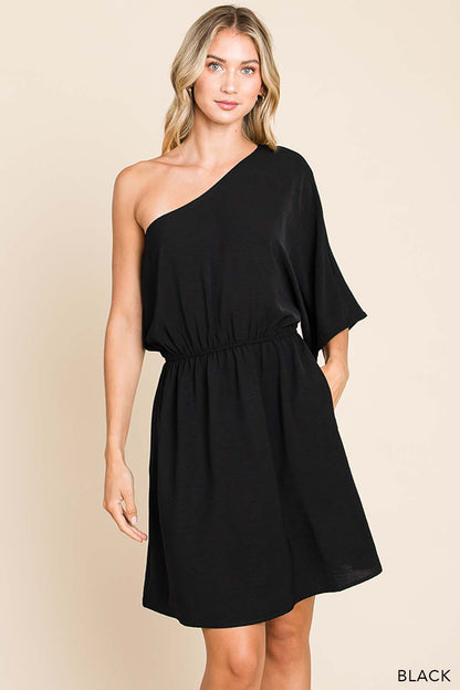 Women's Solid Black One Shoulder Dress