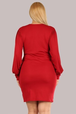 Solid Dress with a V-Neckline, Puff Sleeves, and Body Con Fit