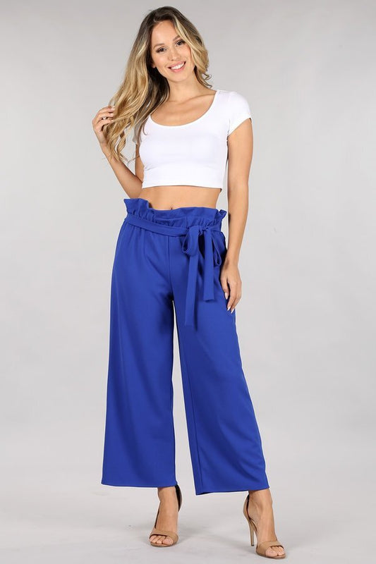Solid Royal Blue Paper Bag Pants With Wide Legs