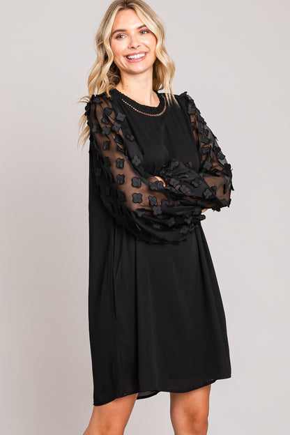 Applique Contrast Sleeve Detailed Shift Dress - Black