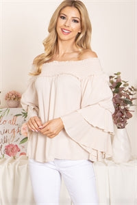 Natural Smocked Off Shoulder Layered Ruffle Sleeve Top