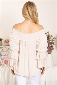 Natural Smocked Off Shoulder Layered Ruffle Sleeve Top