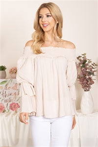Natural Smocked Off Shoulder Layered Ruffle Sleeve Top