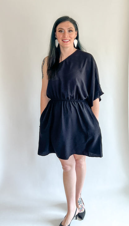 Women's Solid Black One Shoulder Dress