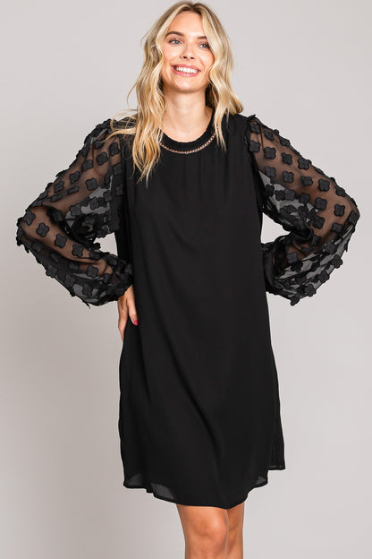 Applique Contrast Sleeve Detailed Shift Dress - Black