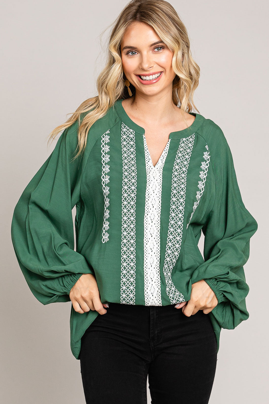 Embroidery Detailed Front Pullover Top