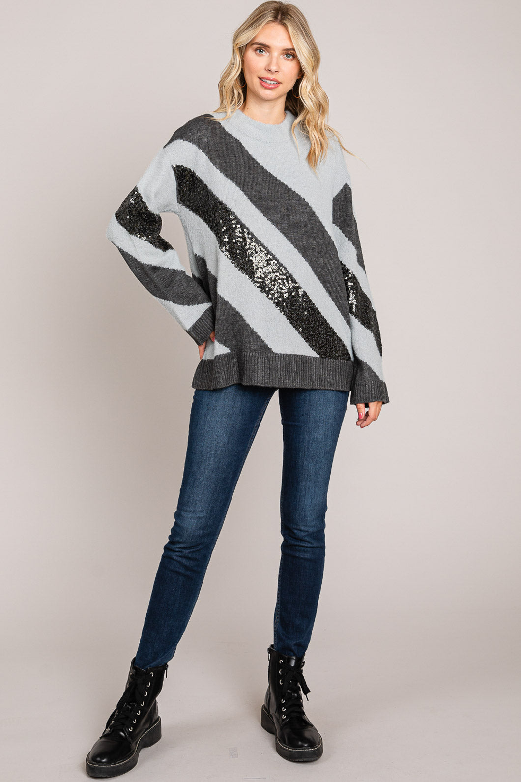 Sweater Color Block  Contrast Sequins  Top