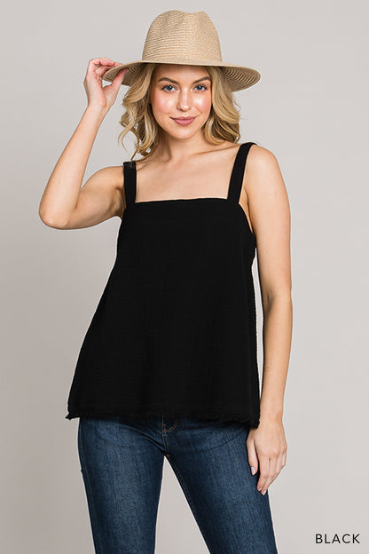 Washed Cotton Gauze Fray Detailed Hem Tank Top