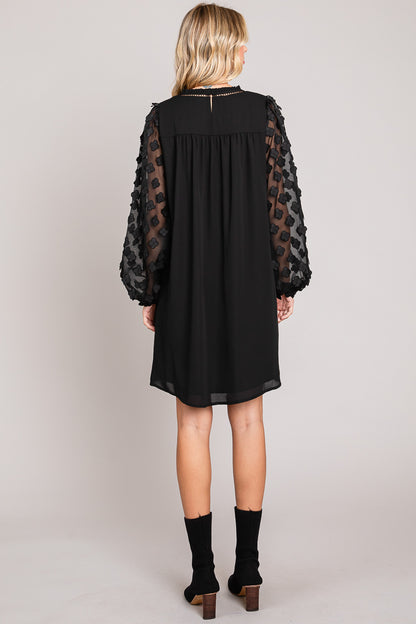 Applique Contrast Sleeve Detailed Shift Dress - Black