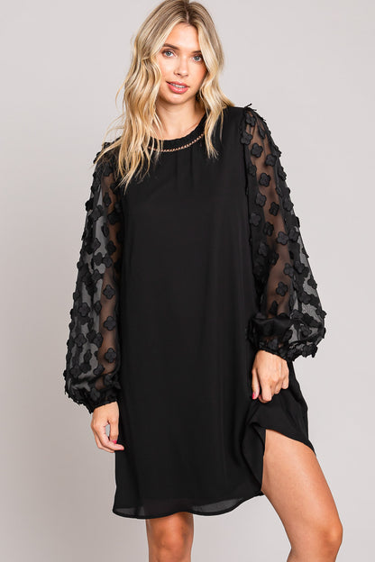 Applique Contrast Sleeve Detailed Shift Dress - Black