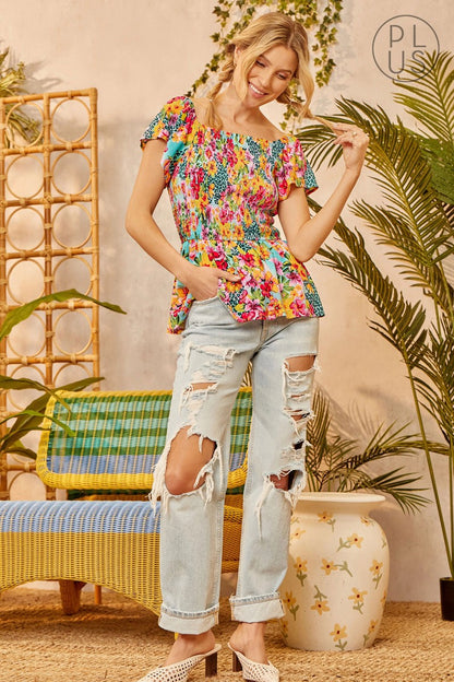 Floral Print Smoked Top