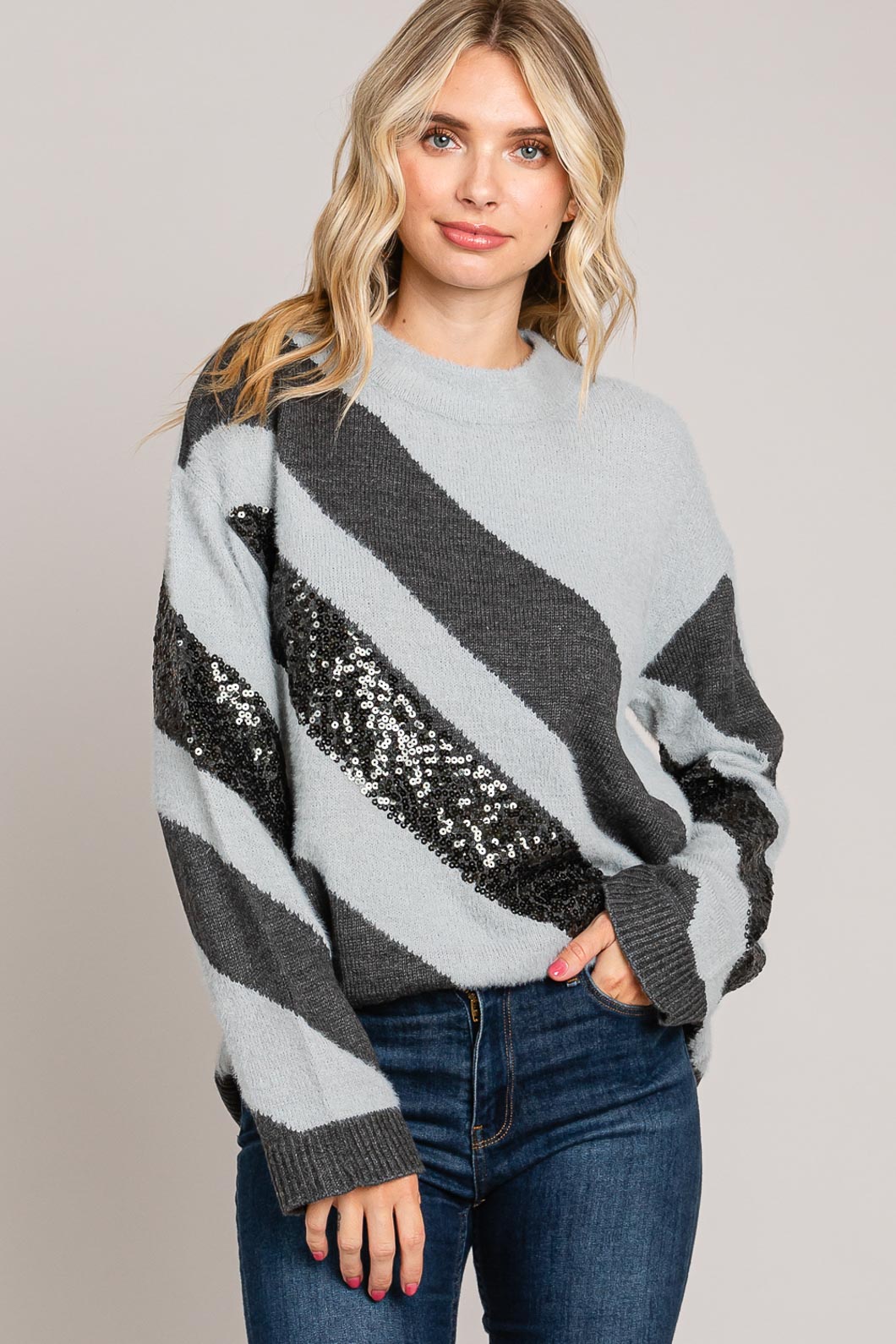 Sweater Color Block  Contrast Sequins  Top