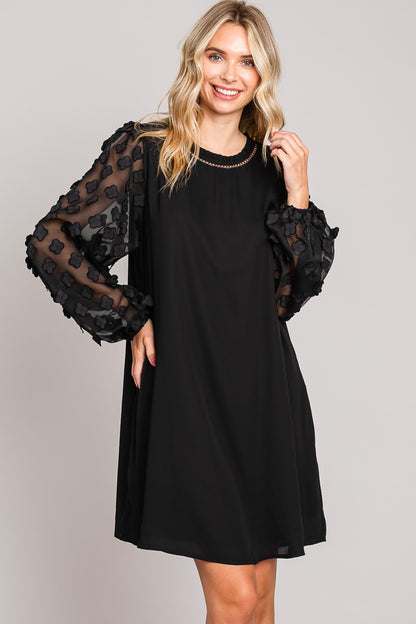 Applique Contrast Sleeve Detailed Shift Dress - Black